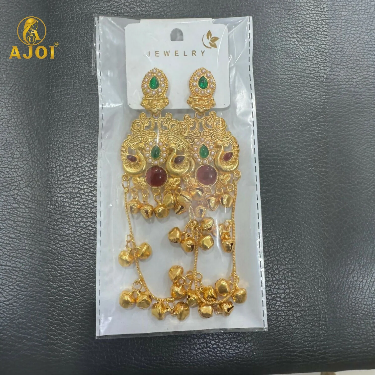 Kashmiri Traditional Gold-Plated Ghungroo Earrings with Green Ruby Stones - Image 6