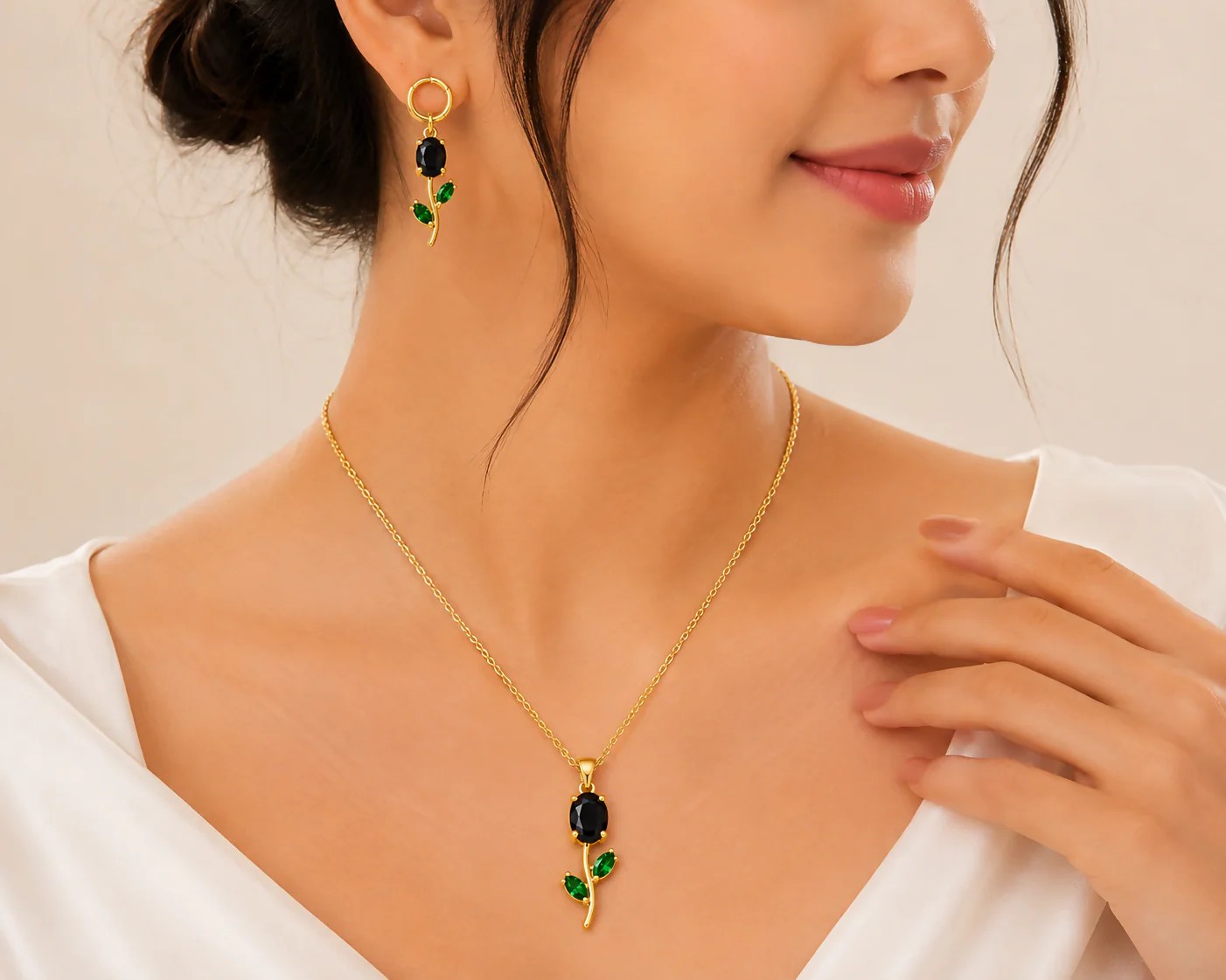 Green Stone Necklace Set – Floral Pendant with Matching Earrings - Image 3