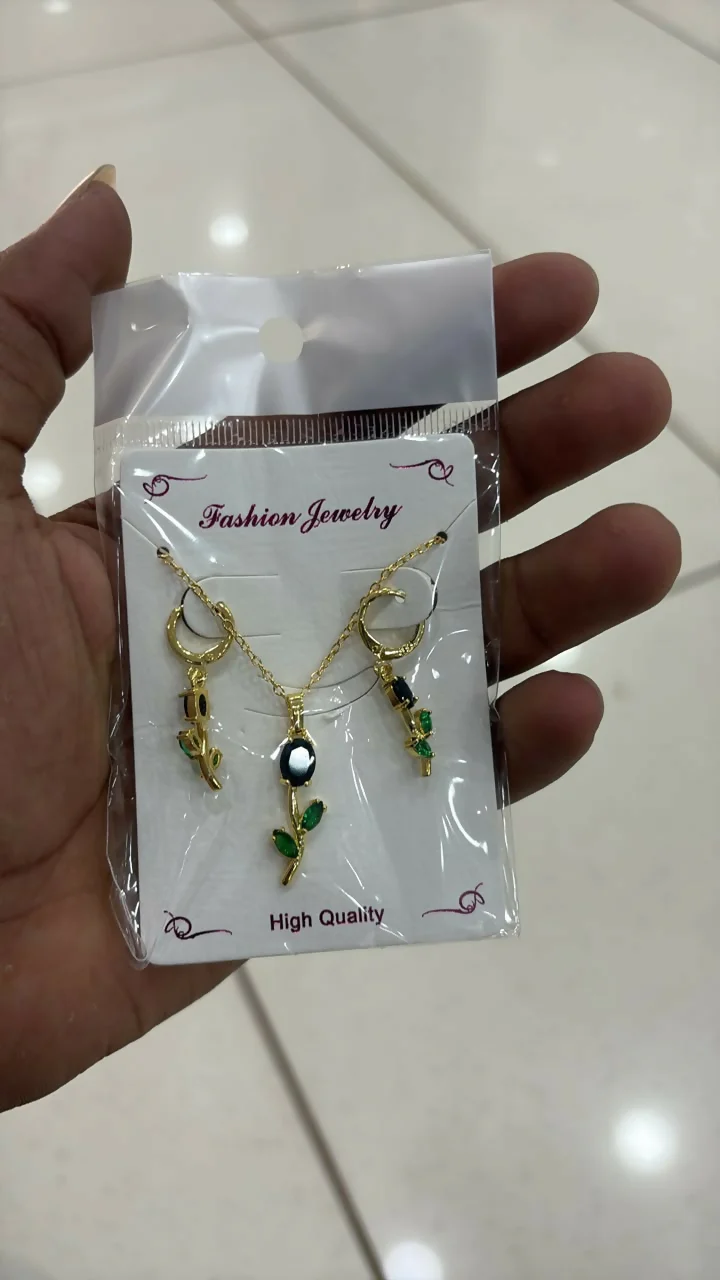 Green Stone Necklace Set – Floral Pendant with Matching Earrings - Image 5