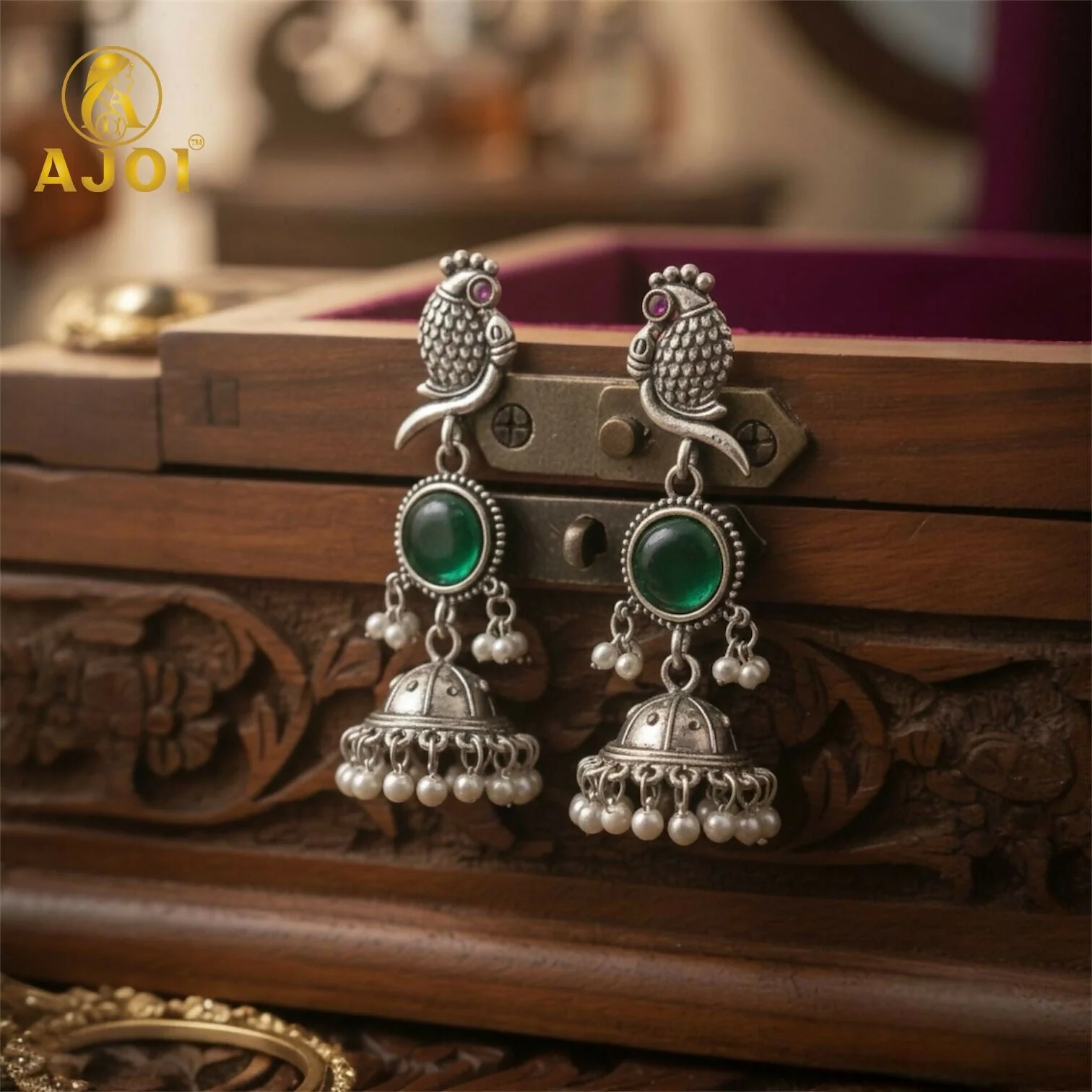 Peacock Jhumka Earrings – Antique Silver with Emerald & Pearls - Image 2