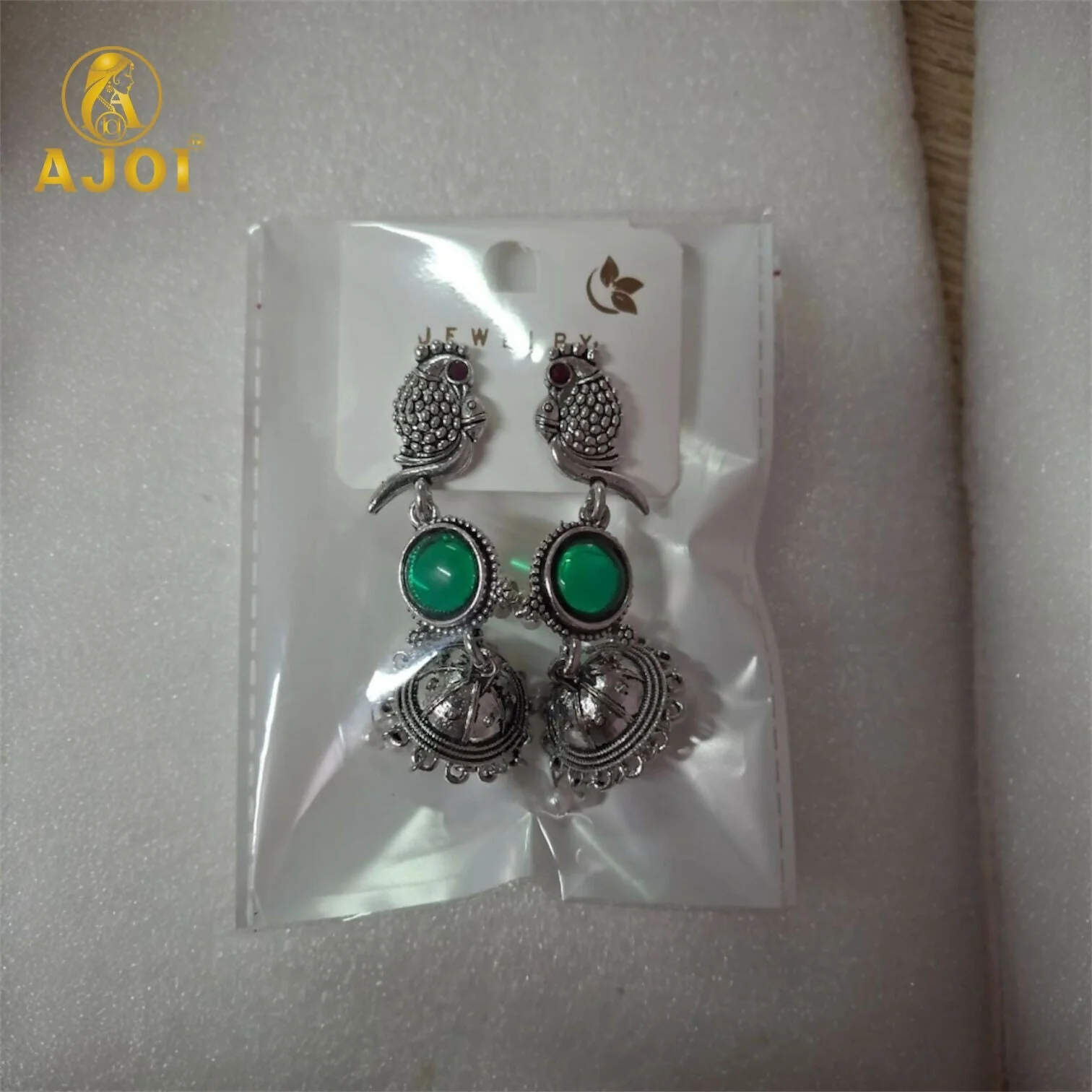 Peacock Jhumka Earrings – Antique Silver with Emerald & Pearls - Image 5