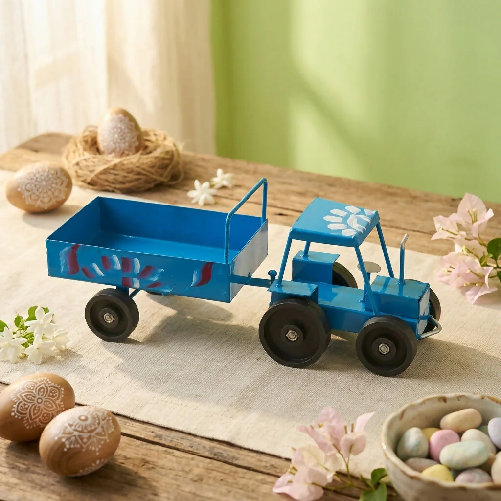 Handcrafted Blue Metal Tractor Toy – Vintage Farm Decor - Image 2