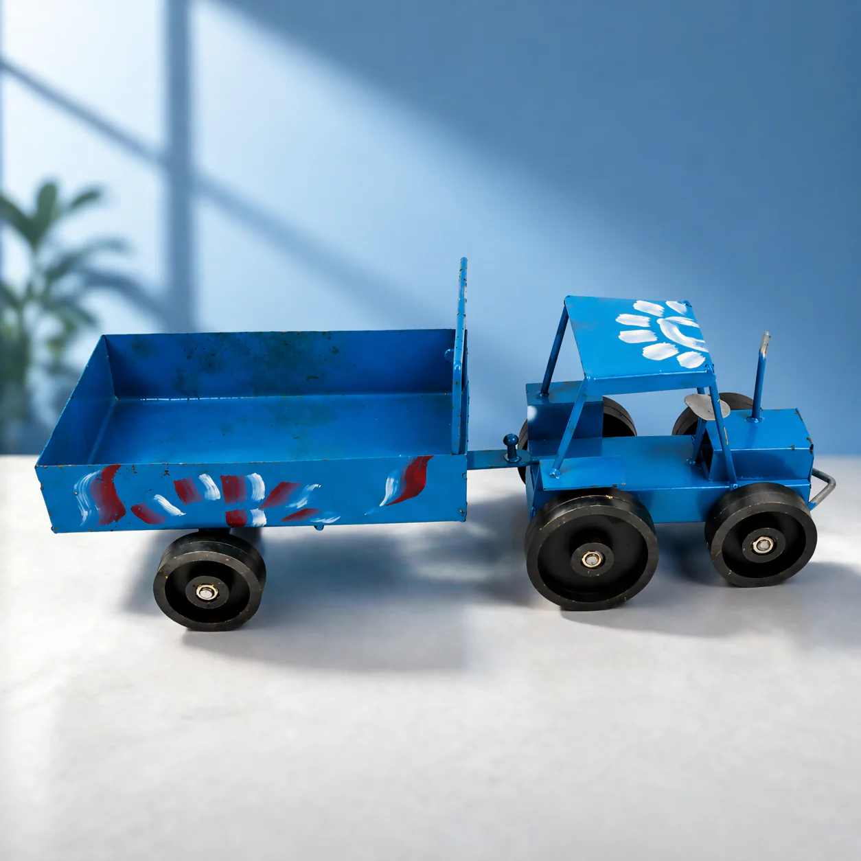 Handcrafted Blue Metal Tractor Toy – Vintage Farm Decor - Image 4
