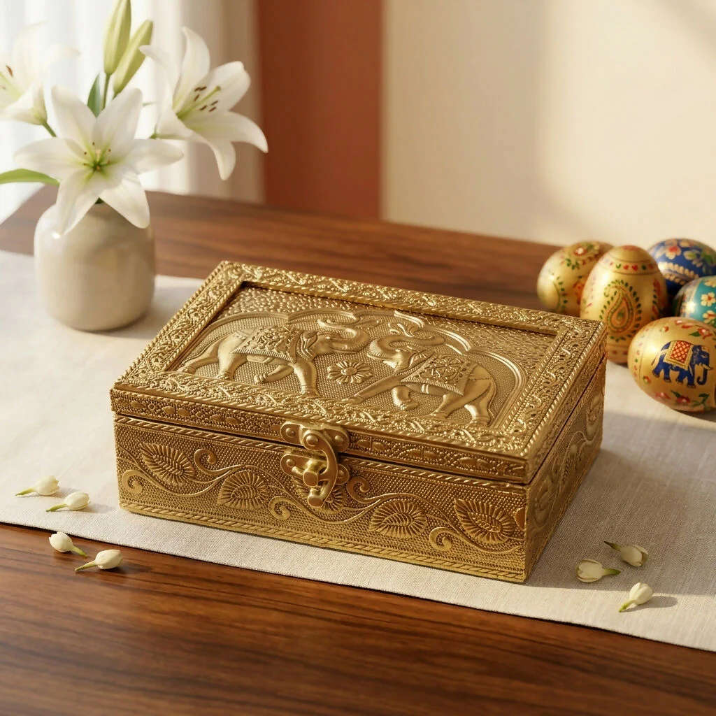Handcrafted Brass Elephant Jewelry Box – Elegant Antique Gold Finish - Image 2