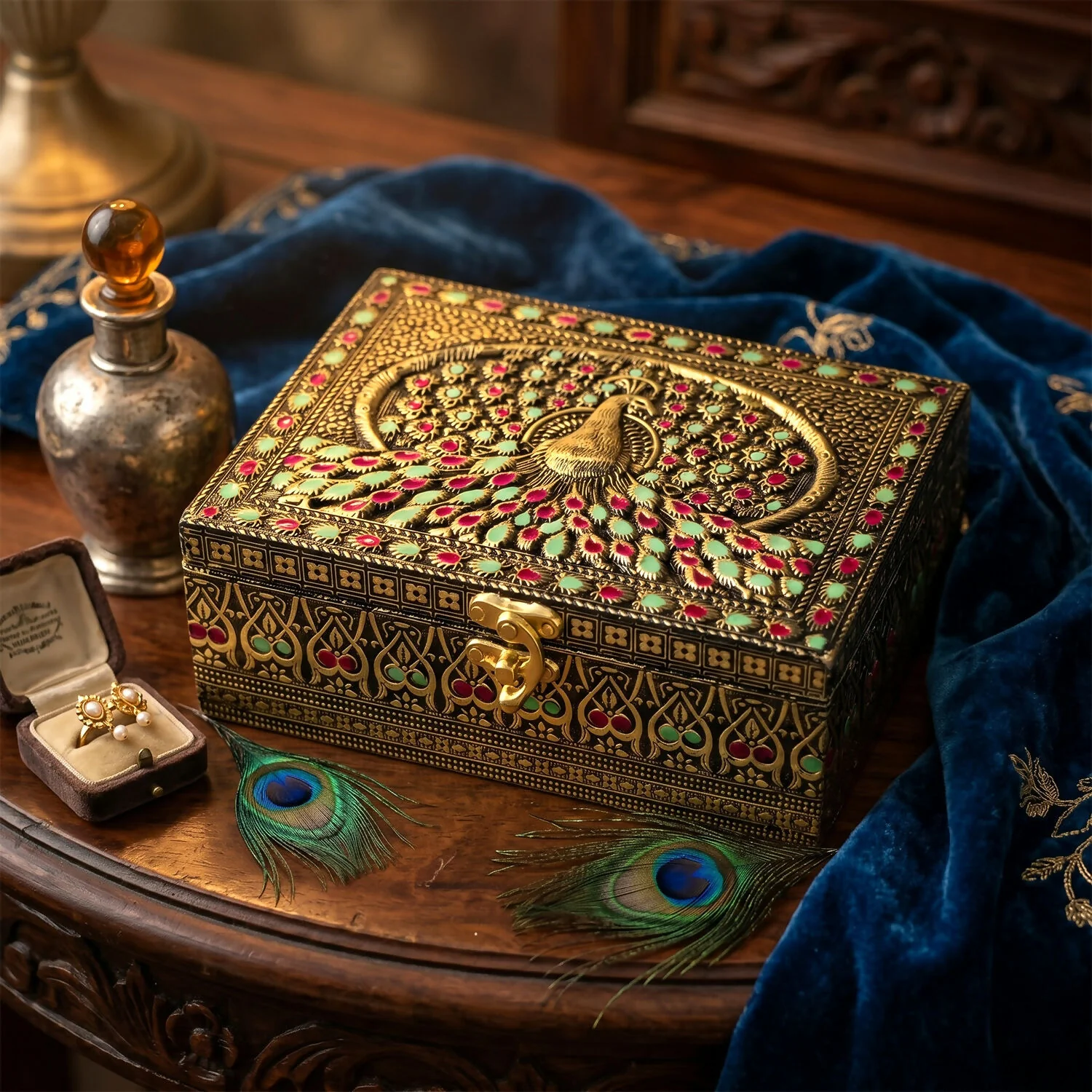 Handcrafted German Oxidised Embossed Meena Peacock Box – Traditional Indian Art - Image 4