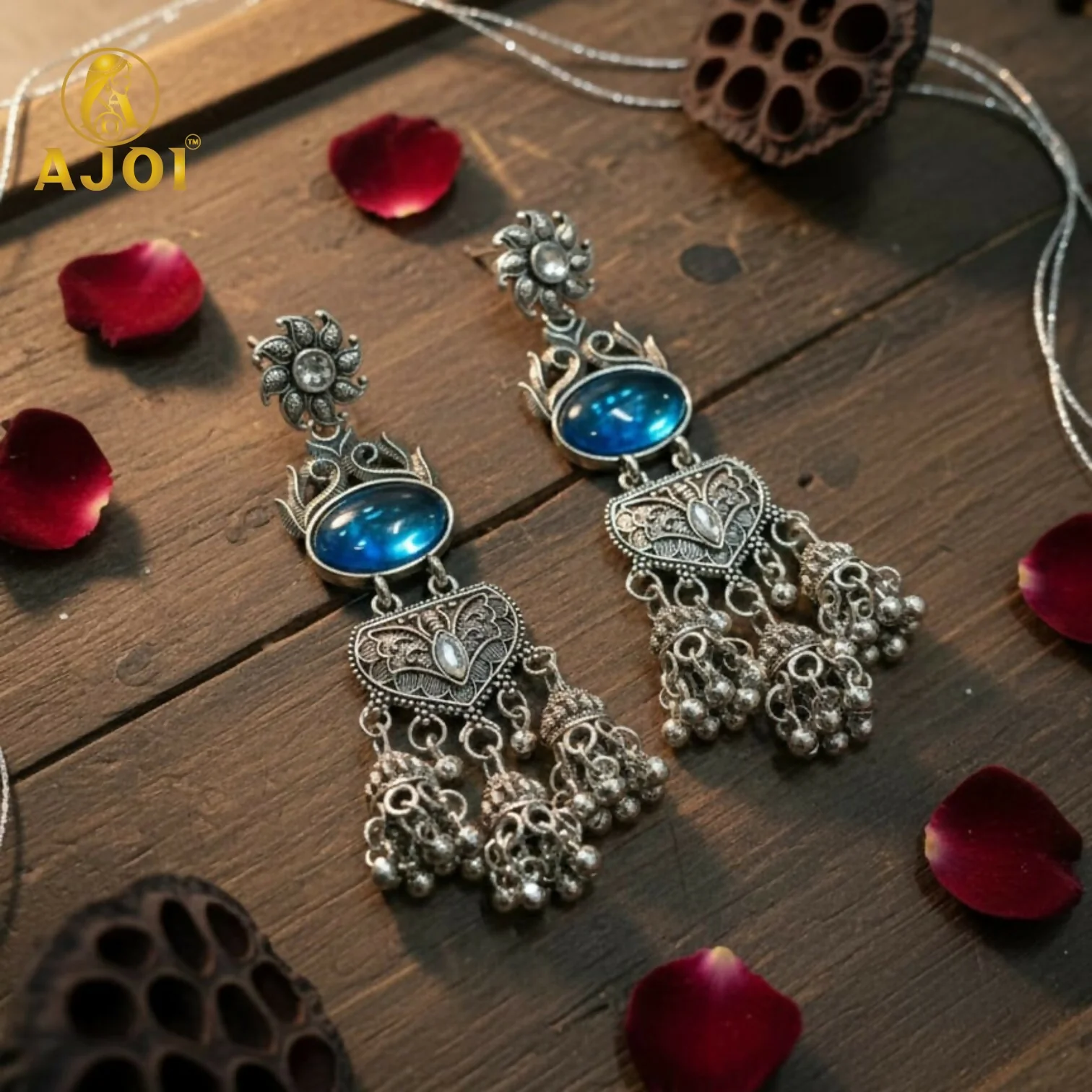 Oxidized Silver Turquoise Jhumka Earrings – Intricate Filigree Design - Image 3