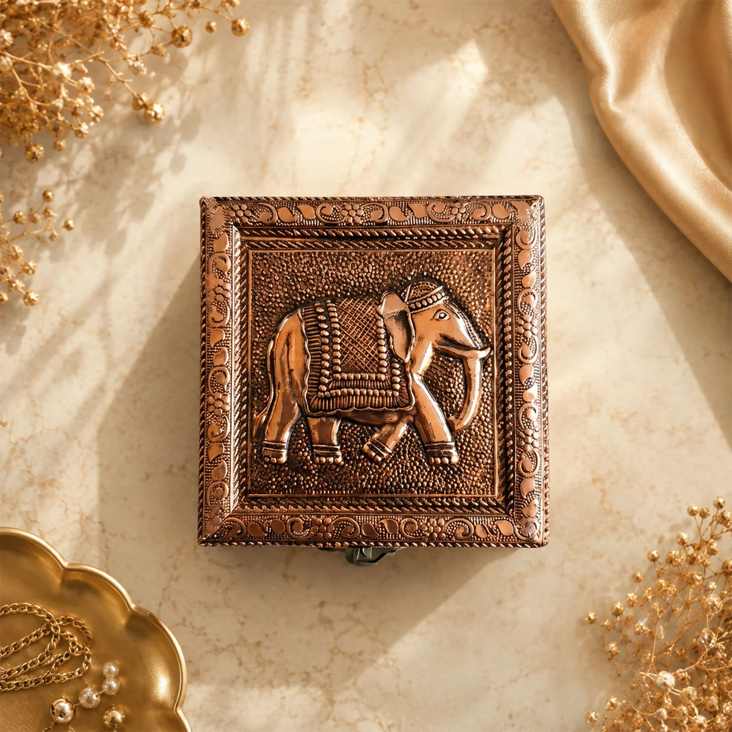 Jewellery Storage Box – Traditional Copper Embossed Elephant Design - Image 3