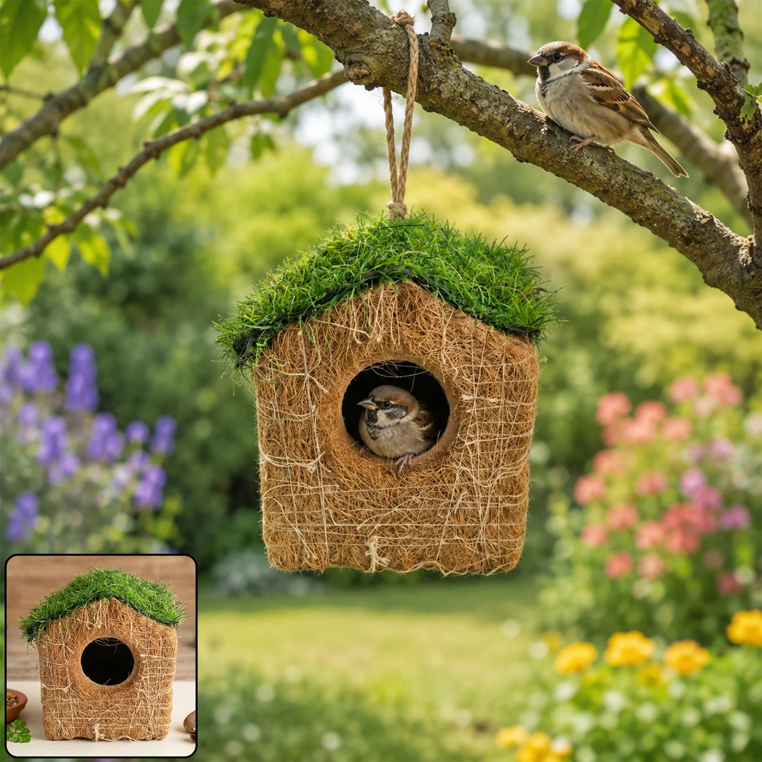 Coir Bird House – Eco-Friendly Garden Decor with Grass Roof