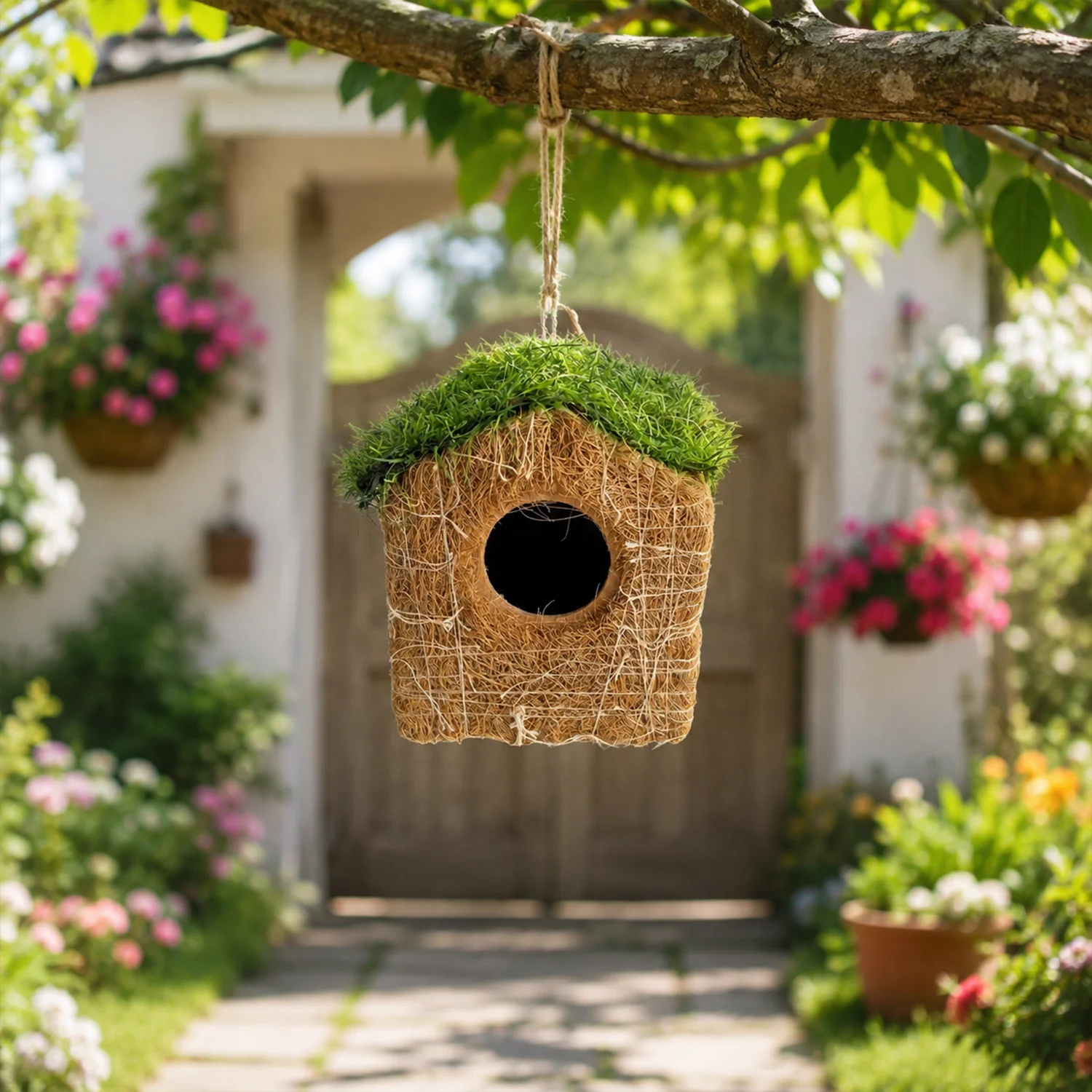 Coir Bird House – Eco-Friendly Garden Decor with Grass Roof - Image 2