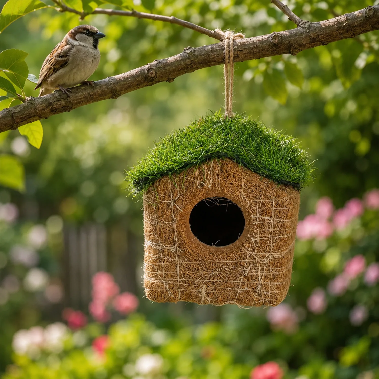 Coir Bird House – Eco-Friendly Garden Decor with Grass Roof - Image 3