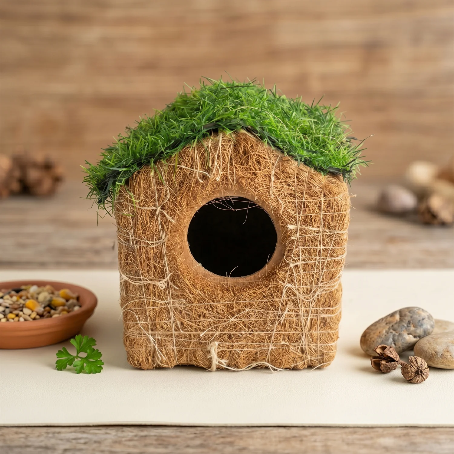 Coir Bird House – Eco-Friendly Garden Decor with Grass Roof - Image 4