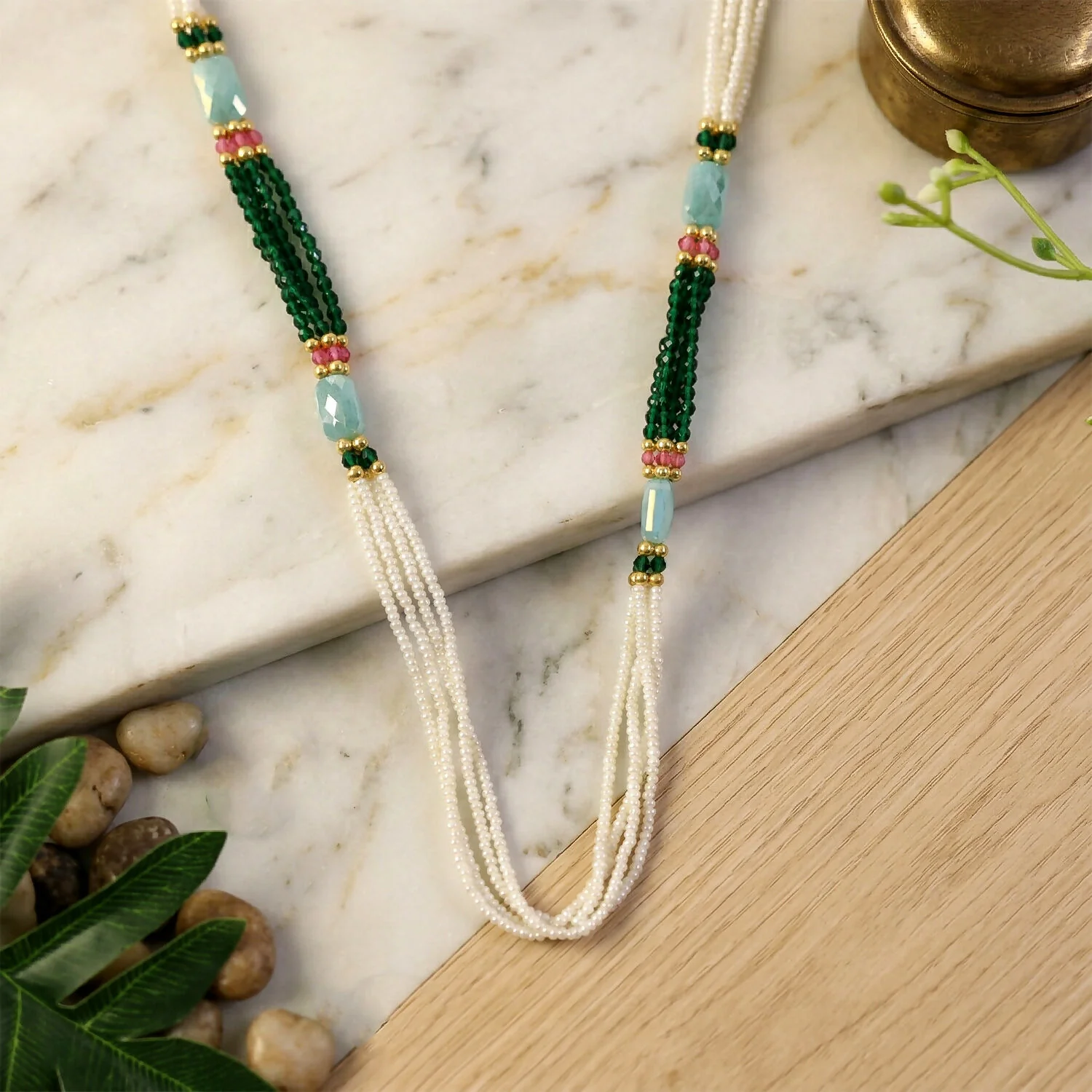 Handmade Layered Pearl Mala Necklace – Ethnic Style with Green & Aqua Beads - Image 5