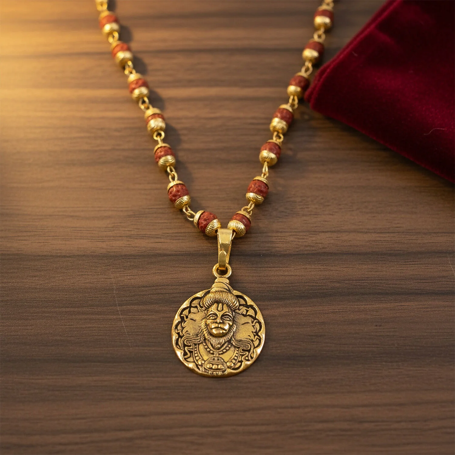Hanuman Pendant – Gold Plated with Rudraksha Beads - Image 2