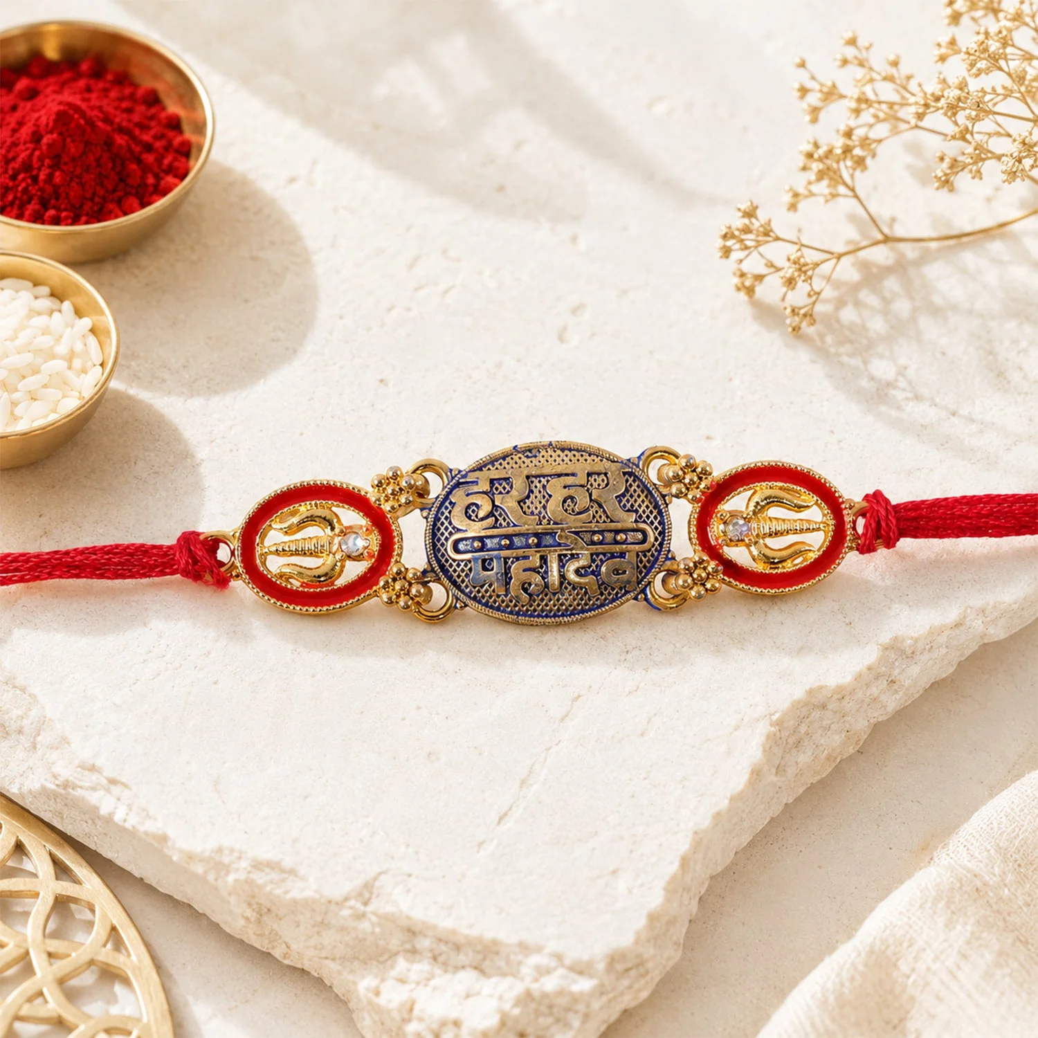Har Har Mahadev Text Oval Premium Traditional Designer Rakhi for Brother - Image 2