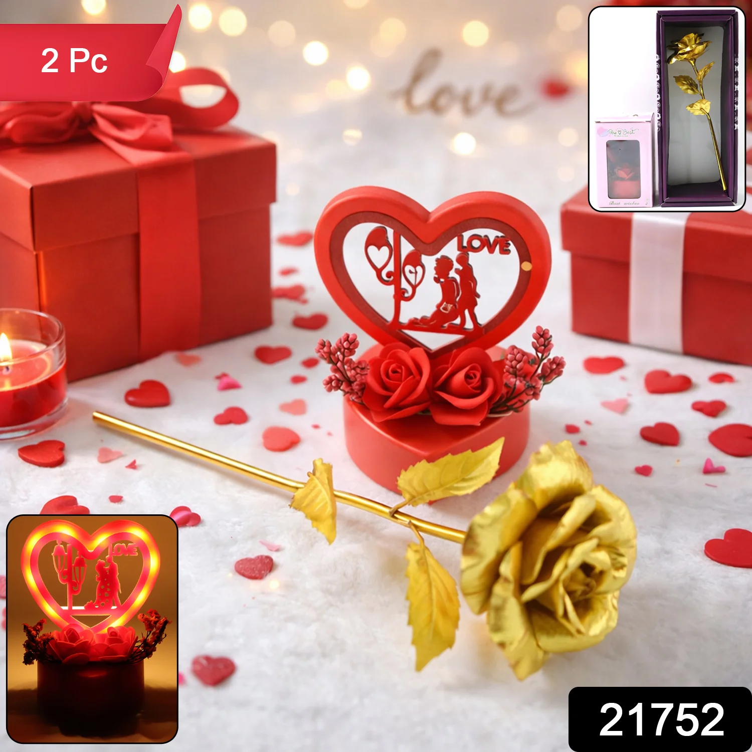 Heart Love Decorative Showpiece – Elegant Golden Rose Gift Set - Image 2