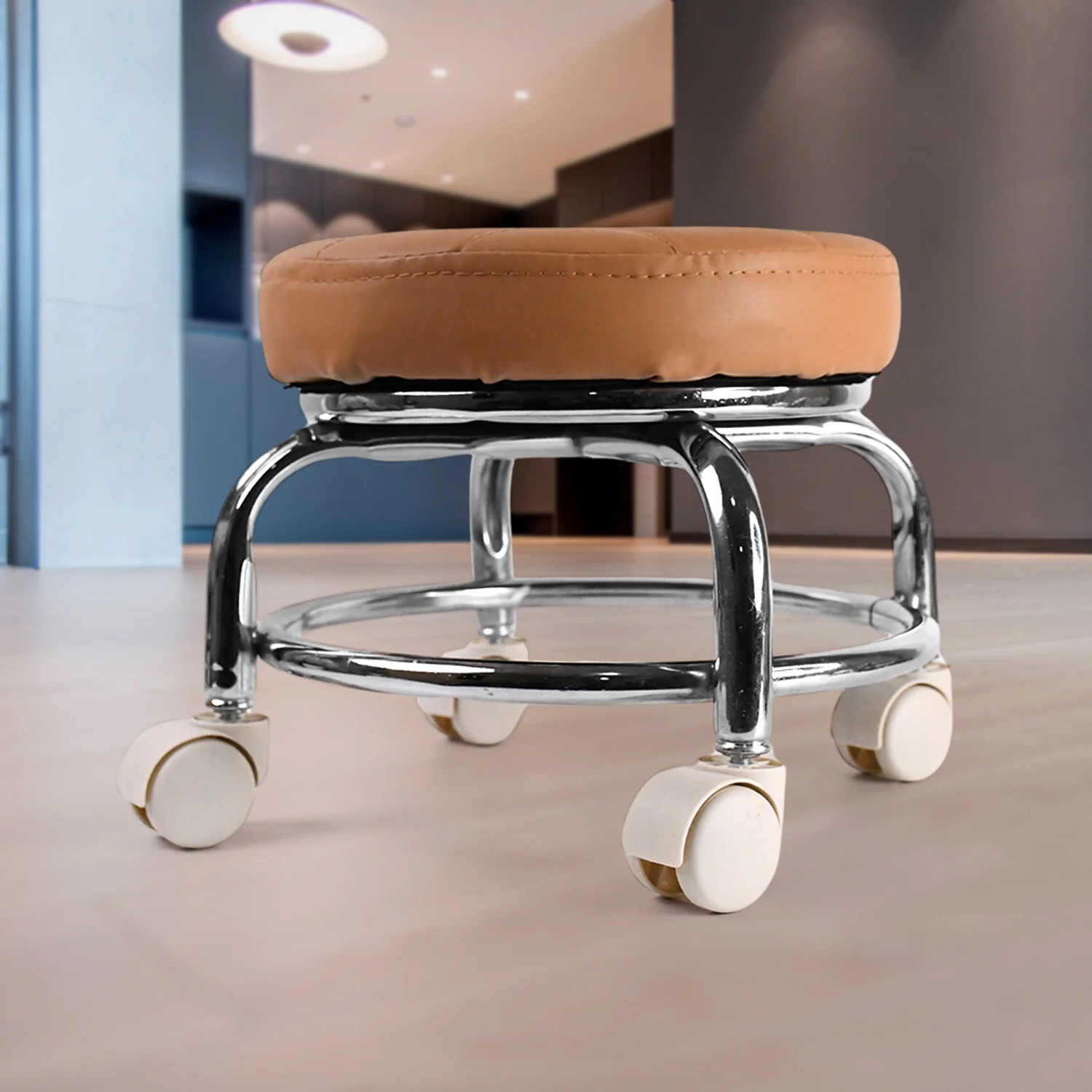 Rolling Stool with Steel Base & Cushioned Seat – Indo Glow - Image 3