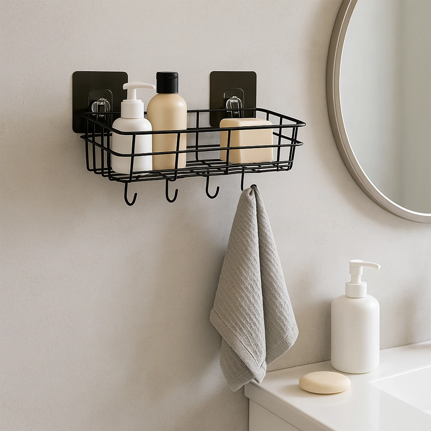 Self-Adhesive Wall Storage Baskets with Hooks – Durable Metal, No Drill - Image 3