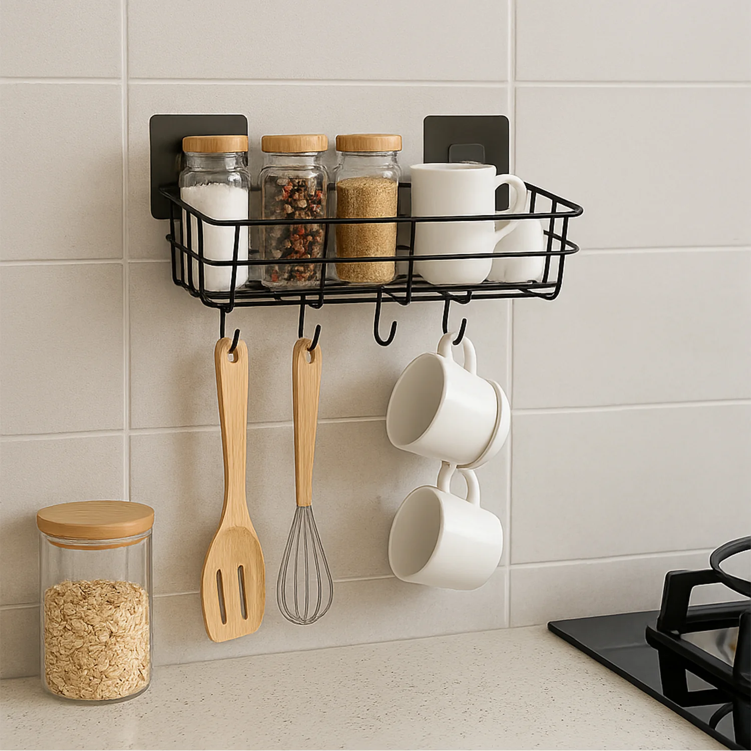 Self-Adhesive Wall Storage Baskets with Hooks – Durable Metal, No Drill - Image 7