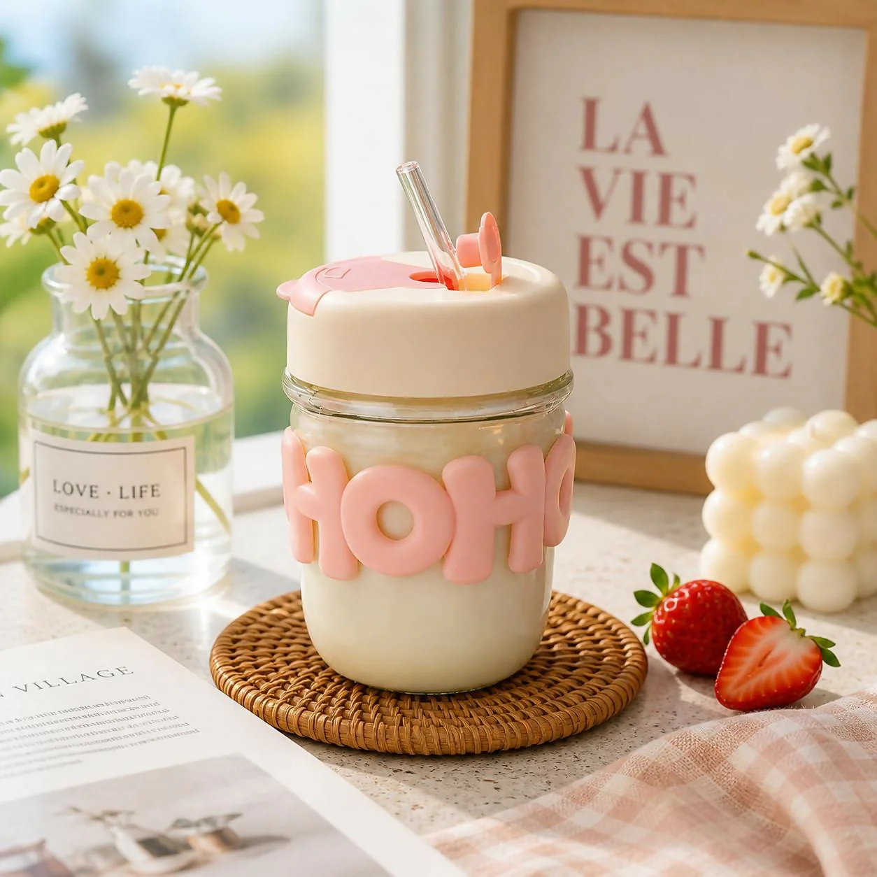 Pastel Pink Glass Milk Jar – Leakproof Lid & Reusable Straw for Stylish Sips - Image 3