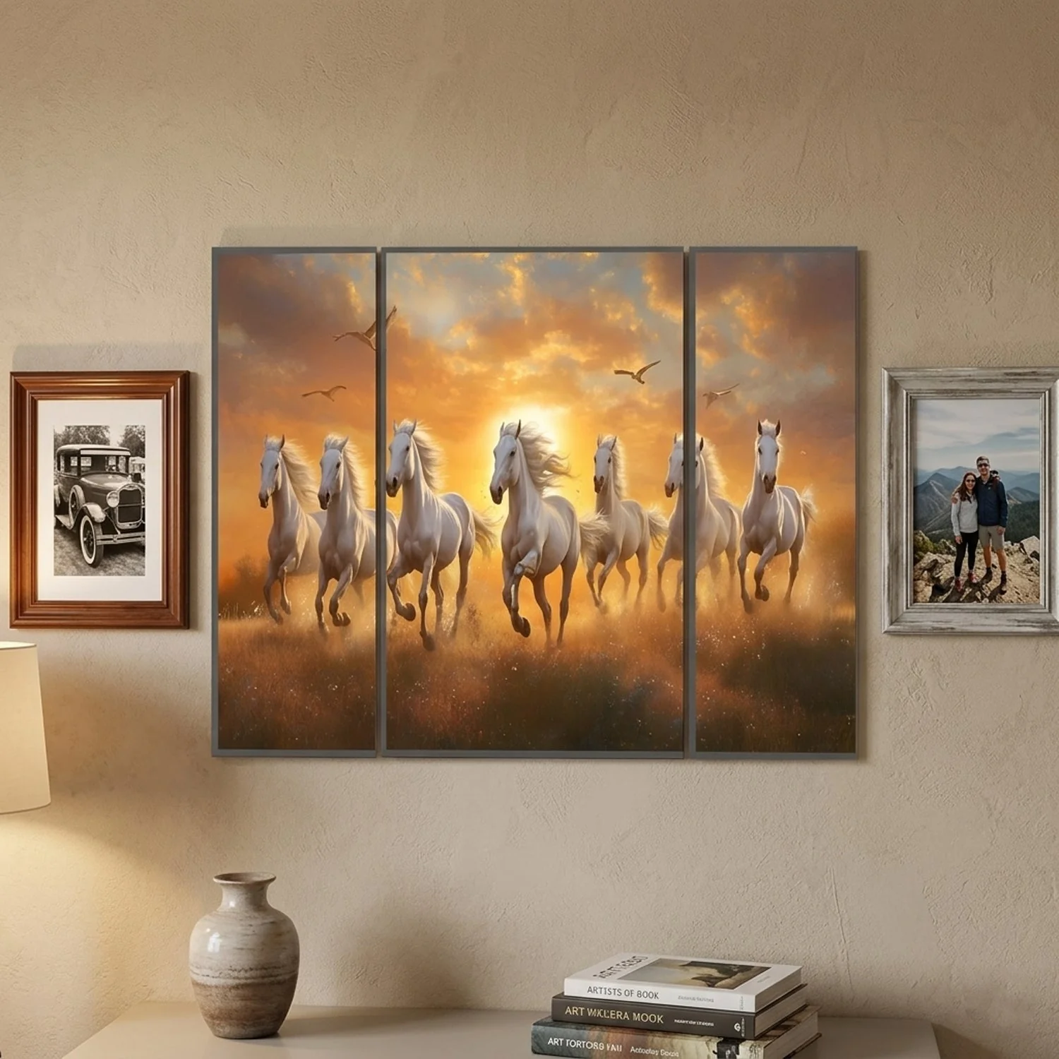 Horses Sunset Wall Art – Vibrant 3-Panel MDF Canvas for Home Decor