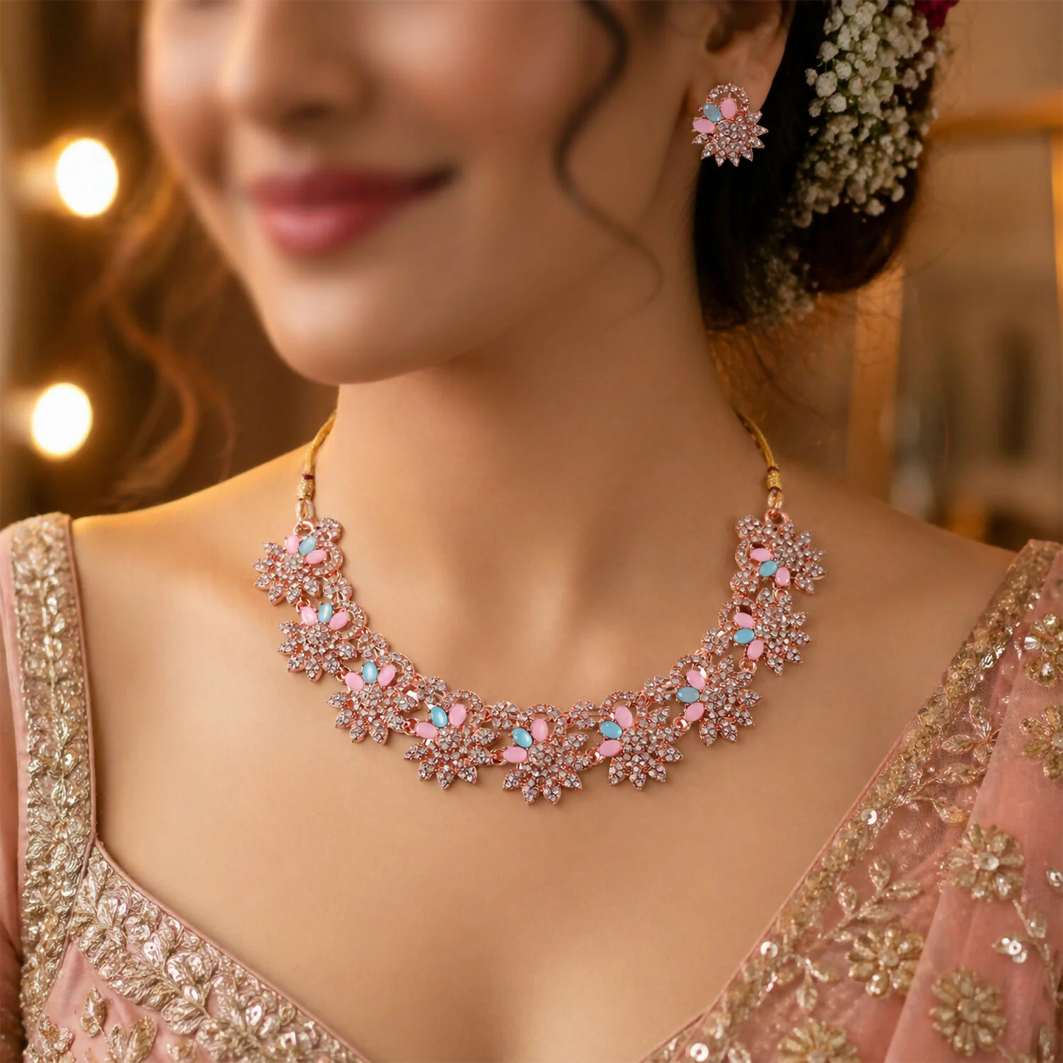 Jewellery – Vibrant floral necklace and earrings set in gold finish - Image 2