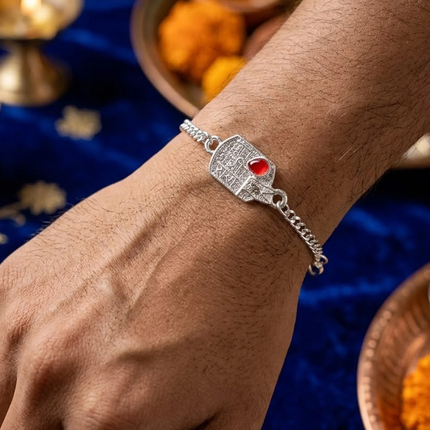 Jay Shree Ram Charm Stone Studded Designer Chain Rakhi for Brother - Image 2