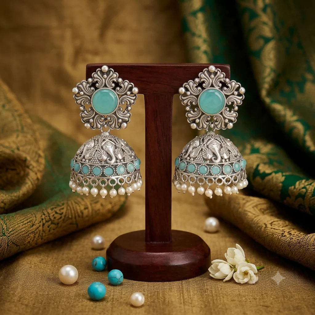Jhumka Earrings – Traditional Silver Oxidized Design with Pearls - Image 3