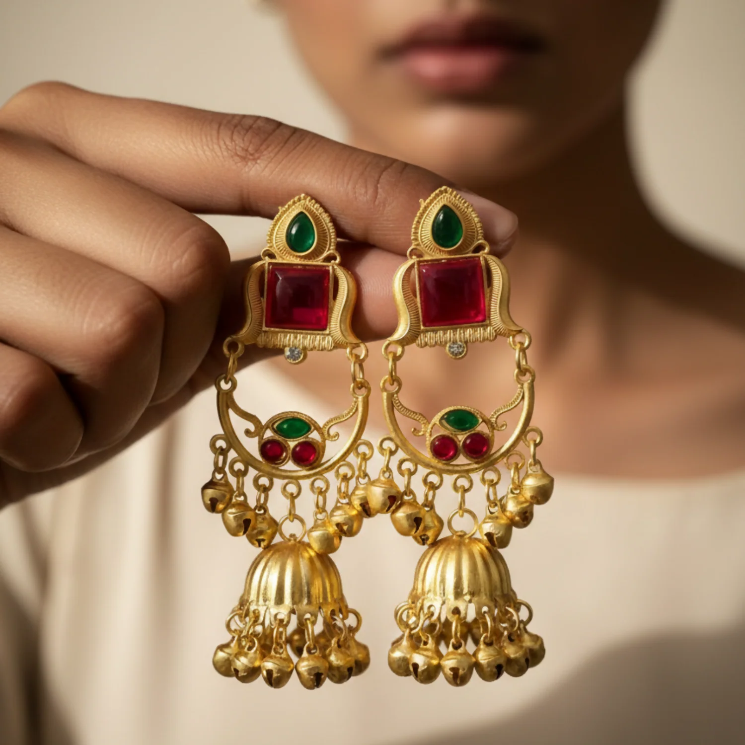 Kashmiri Jhumka Drop Earrings – Authentic Kundan Pearl Tassels - Image 2