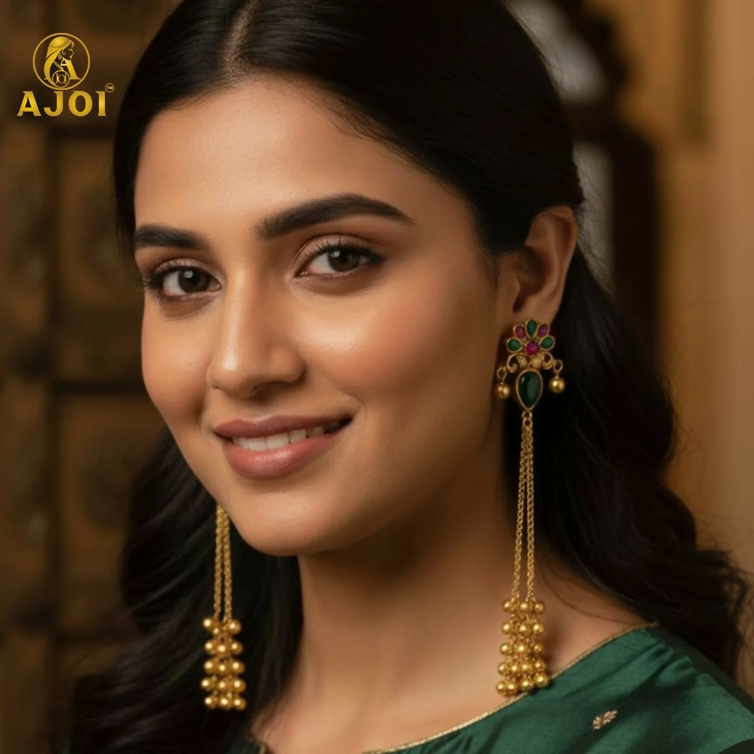 Kashmiri Gold Plated Floral Long Latkan Earrings – Elegant Ethnic Style - Image 2