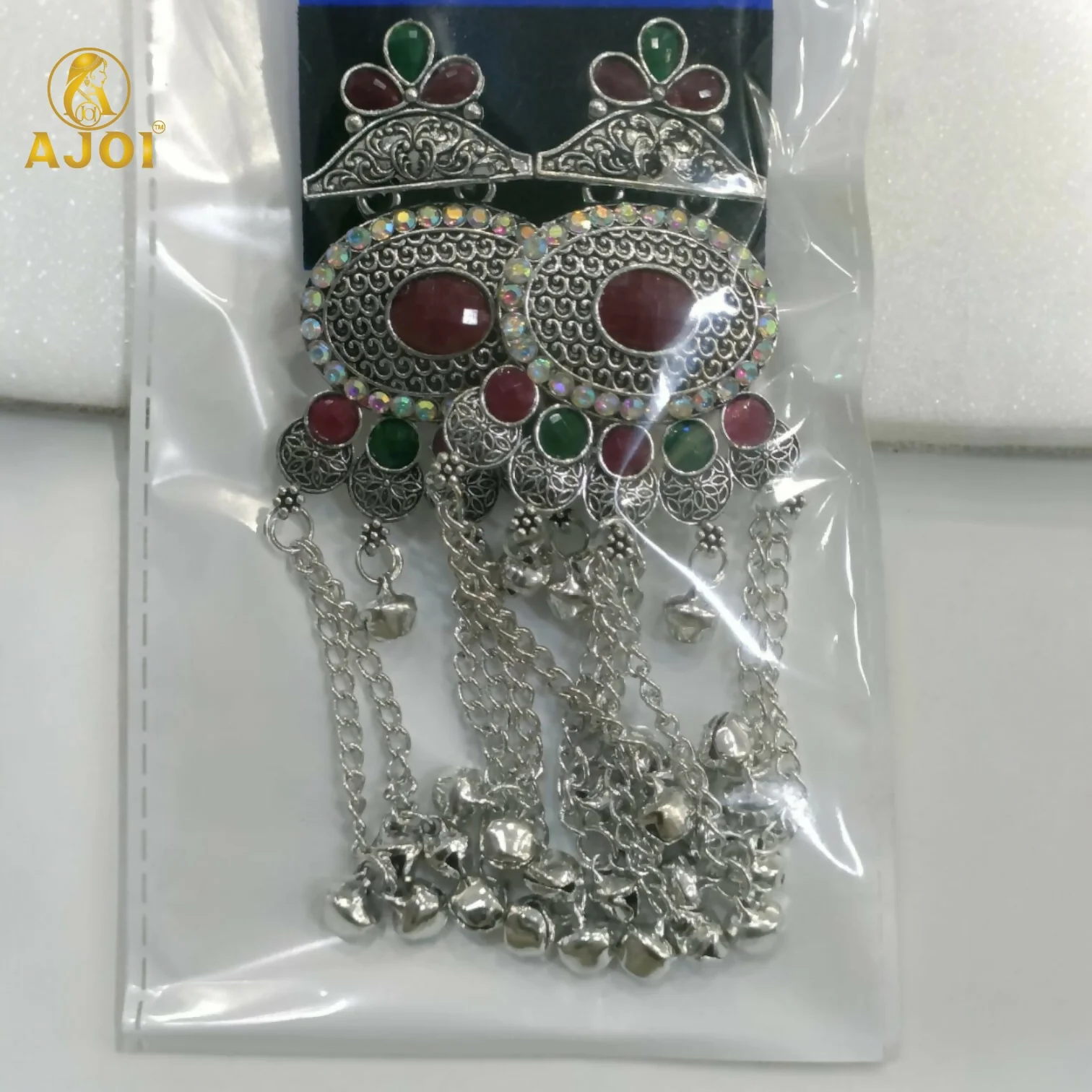 Kashmiri Oxidised Silver Long Earrings – Ethnic Floral Design - Image 5