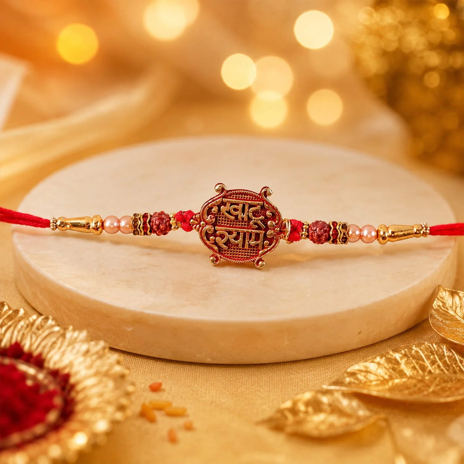 Meenakari Rakhi – Khatu Shyam Pendant with Rudraksha Beads for Raksha Bandhan
