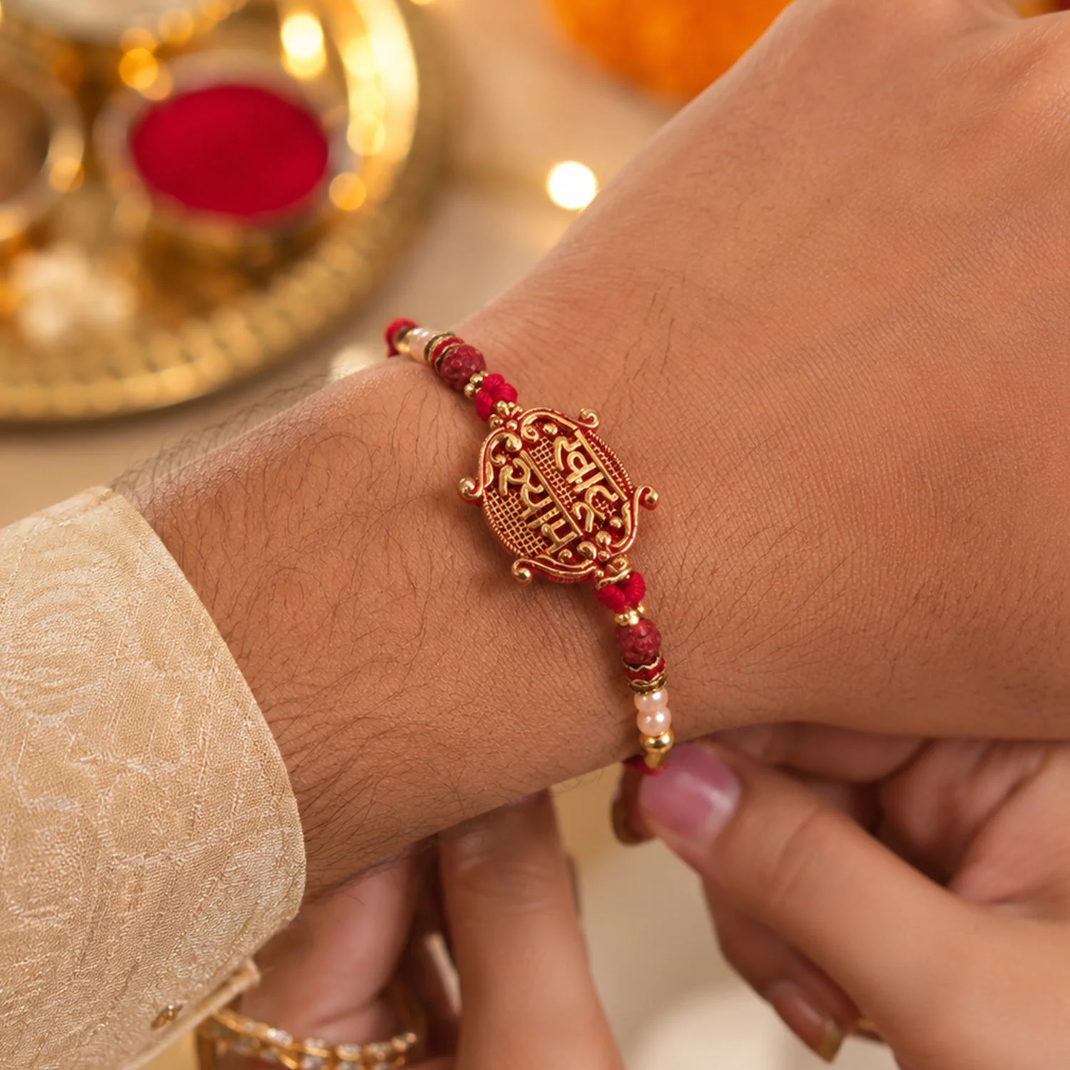 Meenakari Rakhi – Khatu Shyam Pendant with Rudraksha Beads for Raksha Bandhan - Image 2