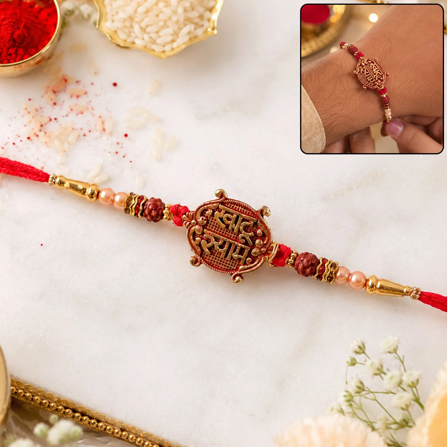 Meenakari Rakhi – Khatu Shyam Pendant with Rudraksha Beads for Raksha Bandhan - Image 3