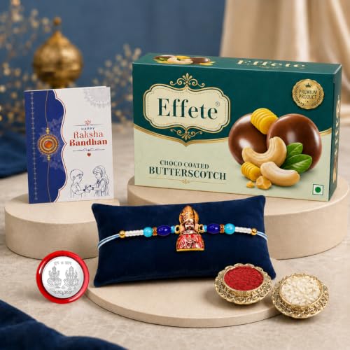 Khatu Shyam Rakhi Combo - Raksha Bandhan Gift with Choco Butterscotch 32gm, Pack of 5 - Image 2