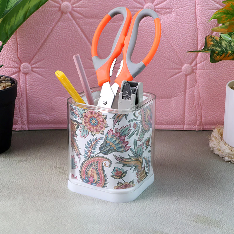 Crystal Square Pen Stand – Elegant Transparent Floral Organizer - Image 2