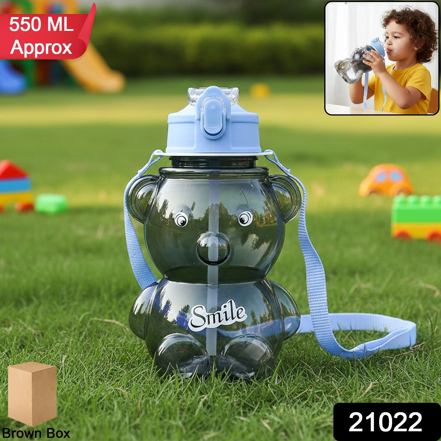 Kids Water Bottle – Cartoon Bear Shape with Straw & Strap - Image 2