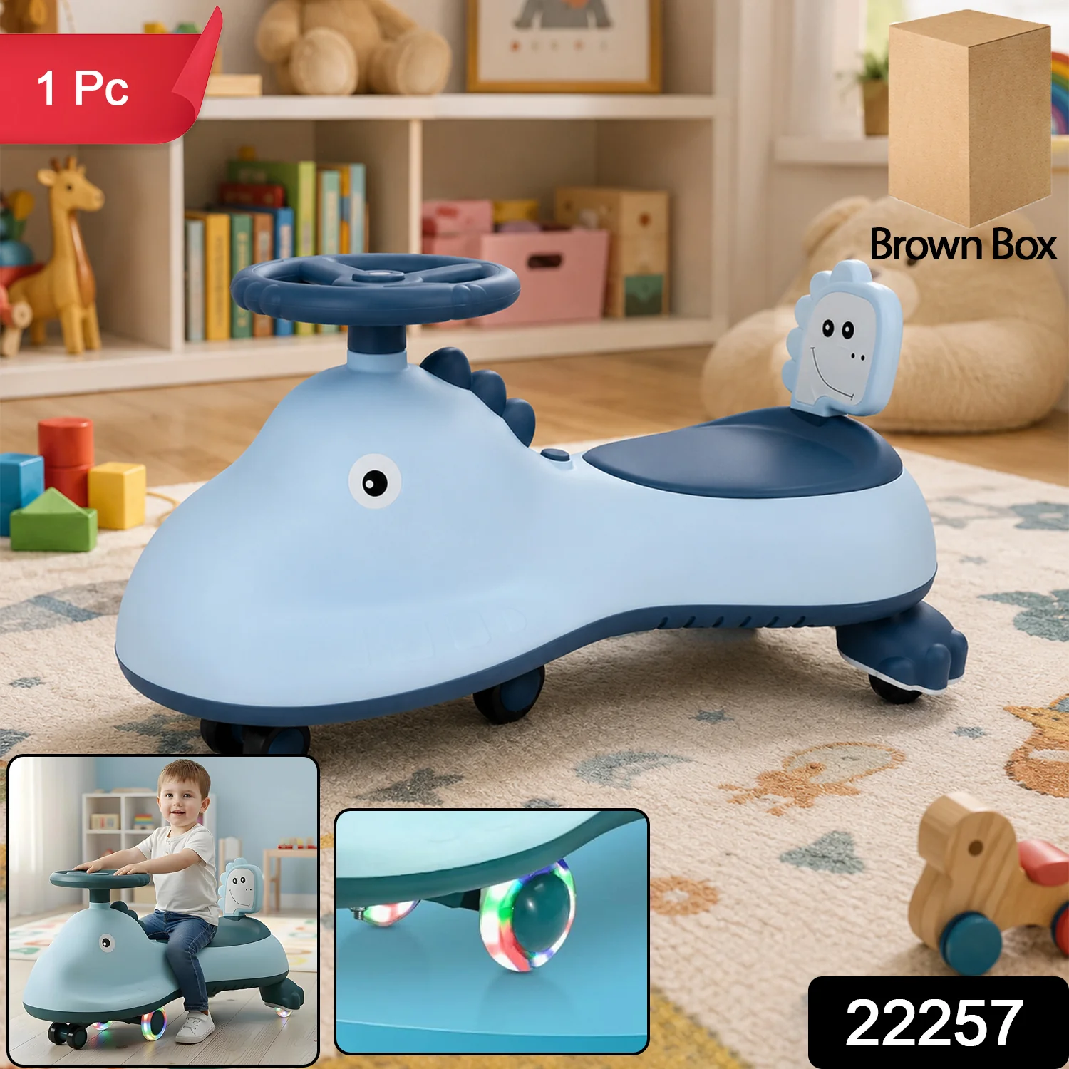 Kids Swing Car Ride On Toy with Music, Blue Shark Design Magic Twist Car (1 Pc) - Image 2
