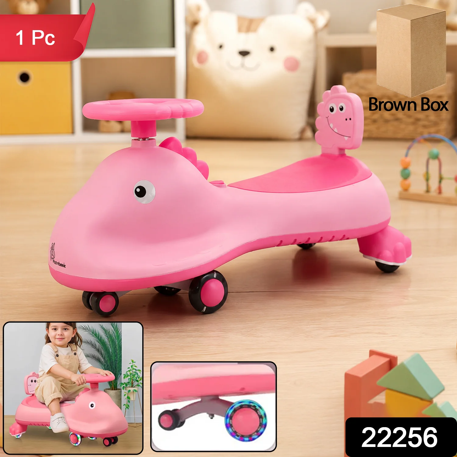 Kids Swing Car Ride On Toy with Music, Pink Shark Design Magic Twist Car (1 Pc) - Image 2