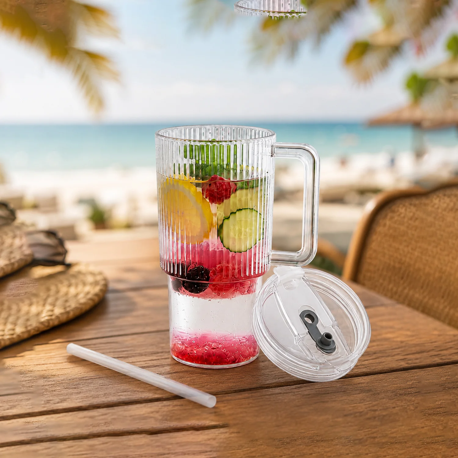 Kids Tumbler 900ml with Handle Lid and Straw Ribbed Water Sipper Cu... - Image 7