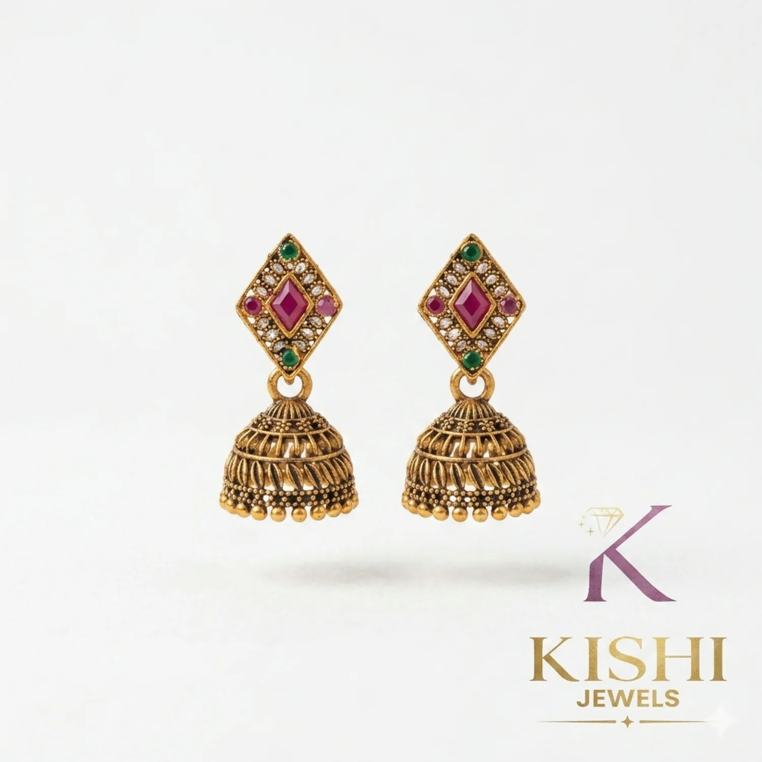 Kishi Jewels Antique Gold-Plated Geometric Rhombus Jhumka Earrings with Ruby and Emerald Kundan Settings - Image 3