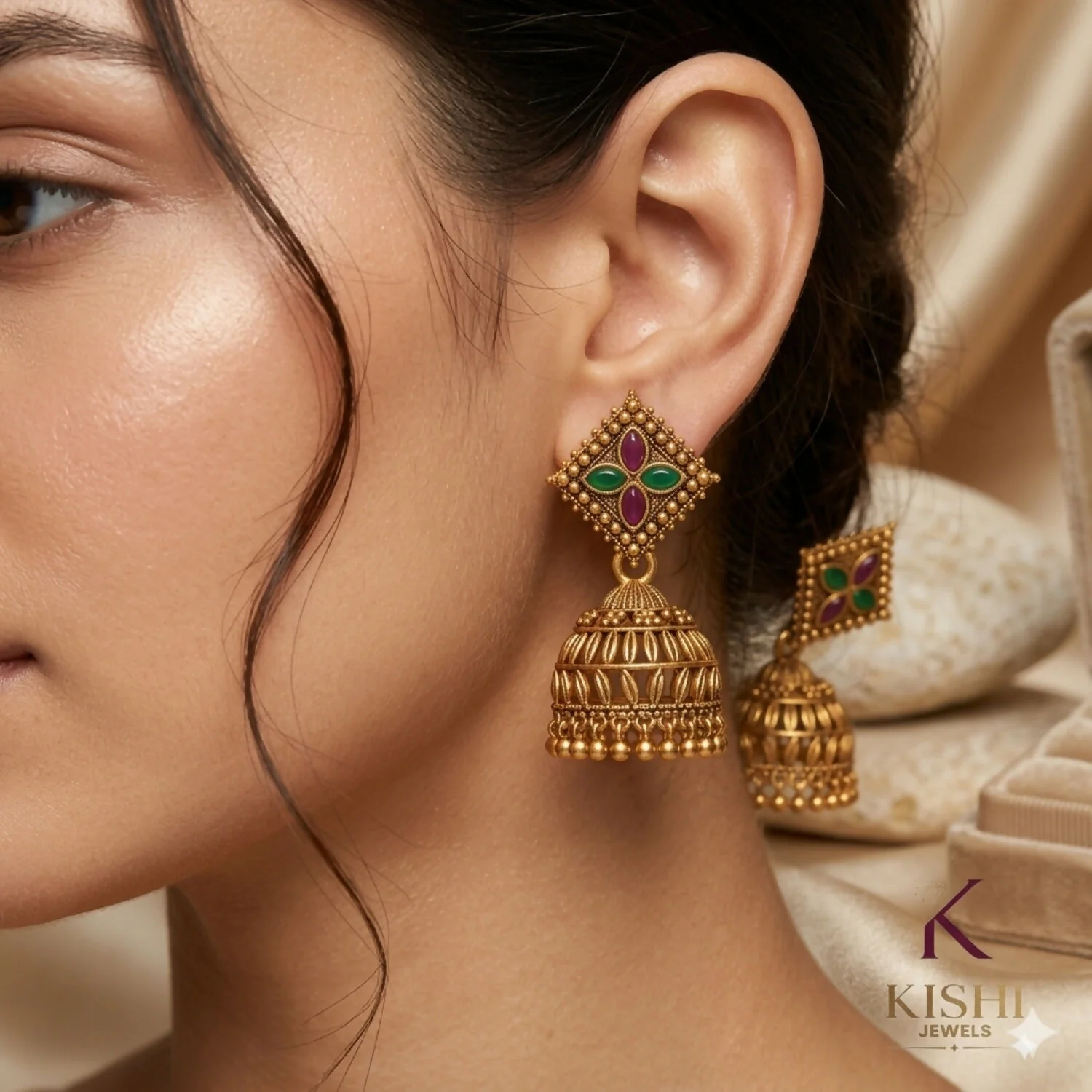 Kishi Jewels Antique Gold-Plated Square Rhombus Jhumka Earrings with Ruby and Emerald Accents - Image 2