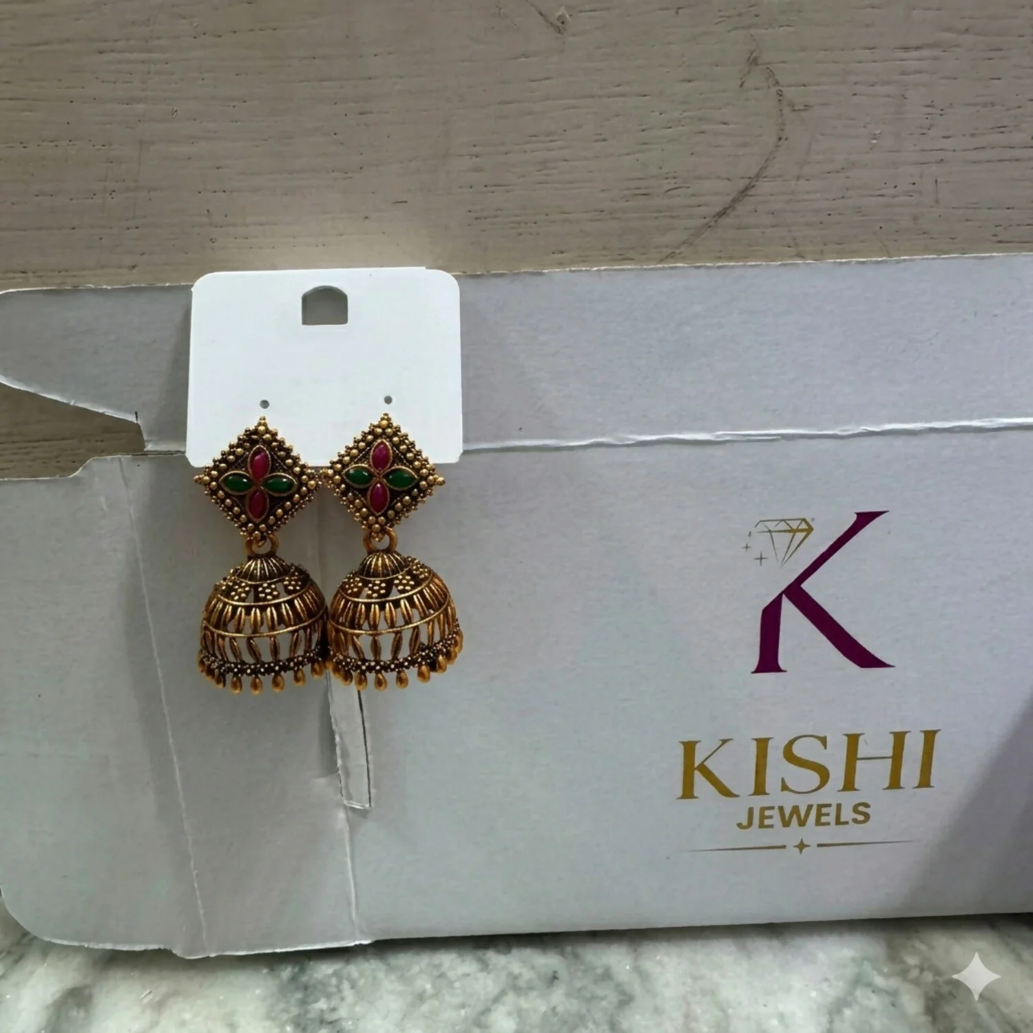 Kishi Jewels Antique Gold-Plated Square Rhombus Jhumka Earrings with Ruby and Emerald Accents - Image 4