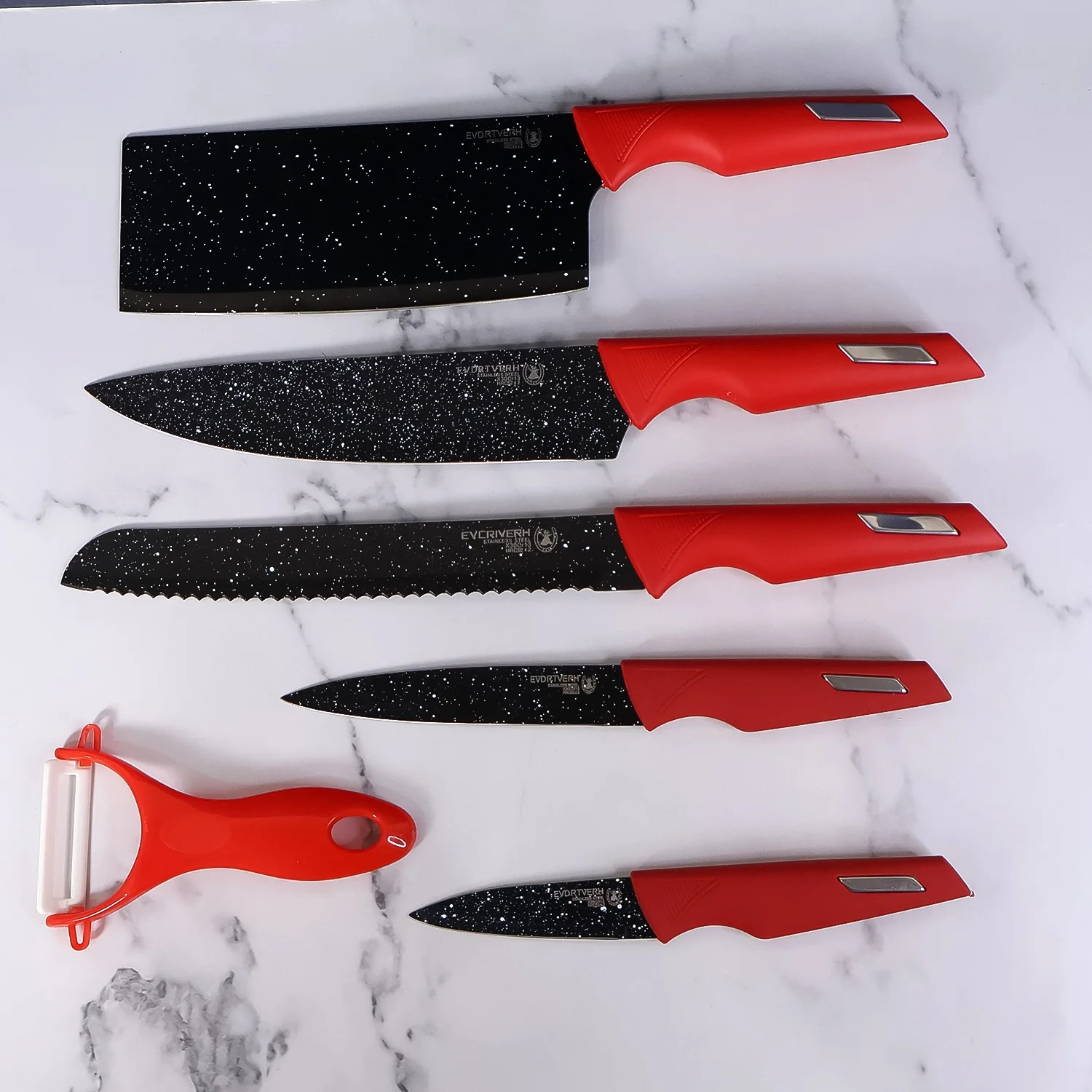 Kitchen Knife Set – Marble-Coated Blades & Ergonomic Red Handles - Image 3