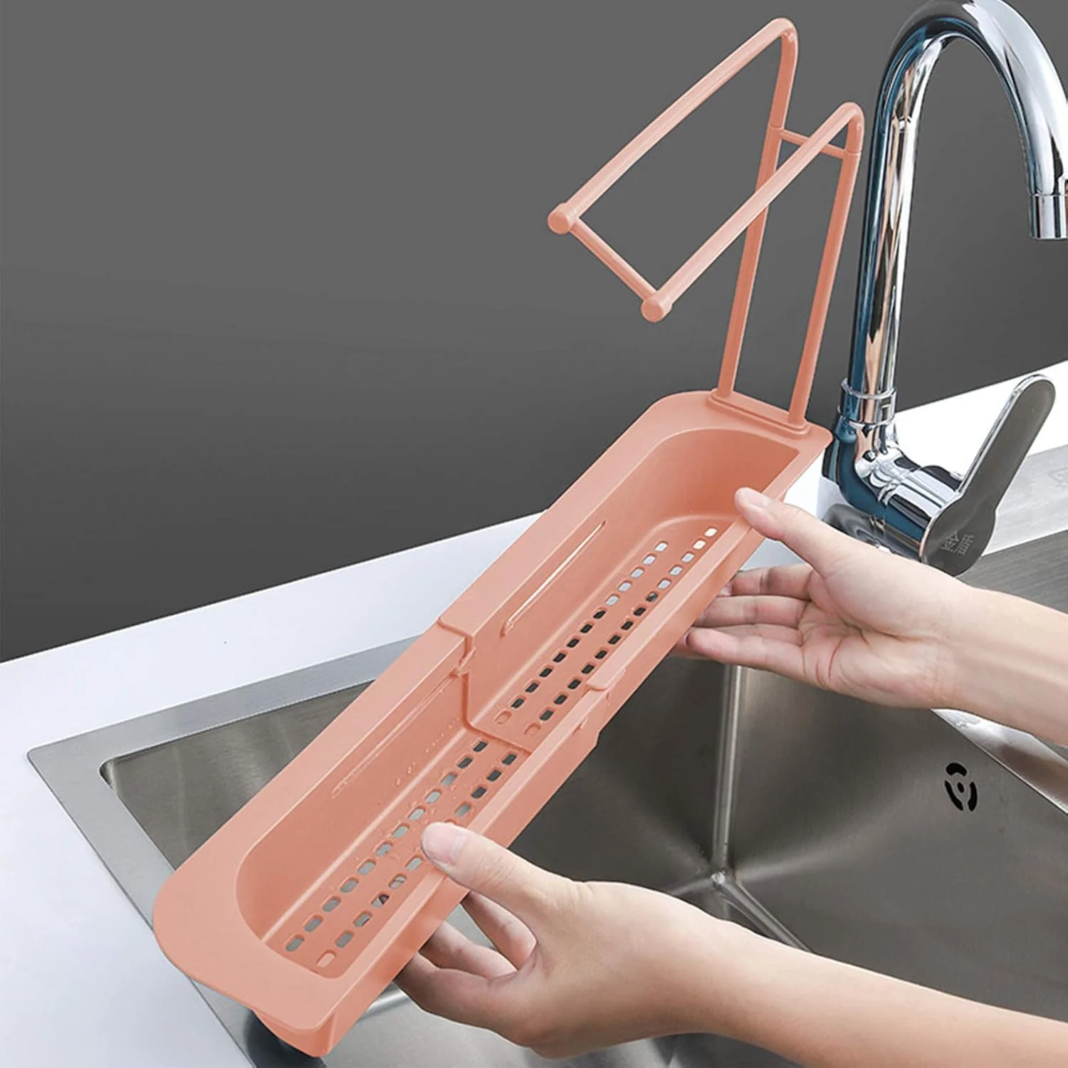 Kitchen Sink Organizer Rack with Towel Holder & Drain Tray - Image 7