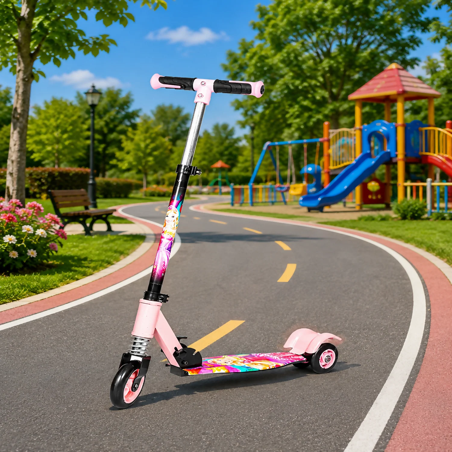 KIXY Kids 3 Wheel Foldable Scooter with Adjustable Height Handlebar, LED Wheels & Spring Suspension - Image 4