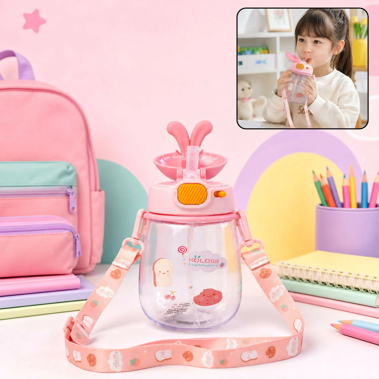 KOLORR Kids Bunny Sipper Water Bottle with Straw & Carry Strap (600ML) - Image 3