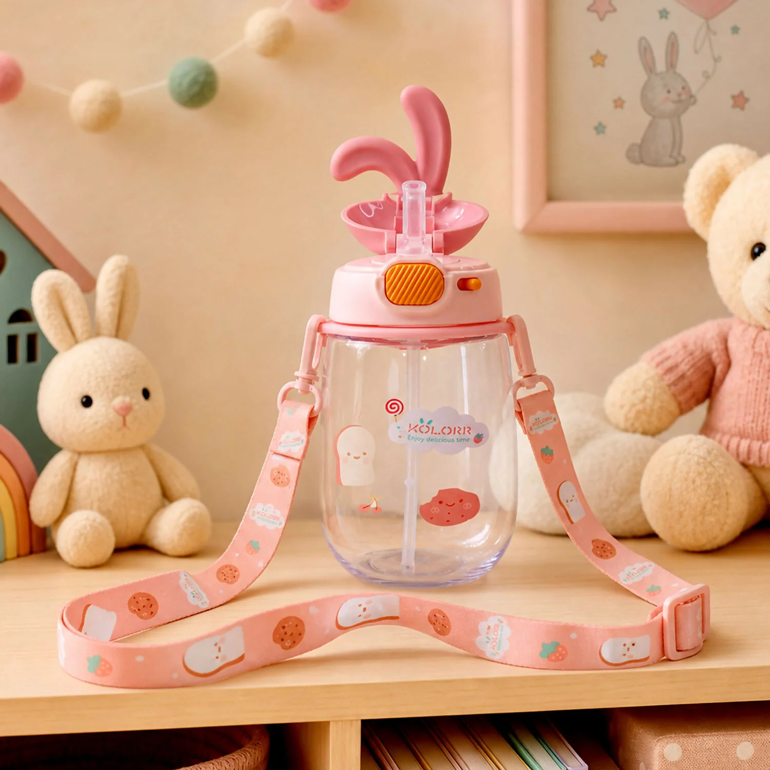 KOLORR Kids Bunny Sipper Water Bottle with Straw & Carry Strap (600ML) - Image 4