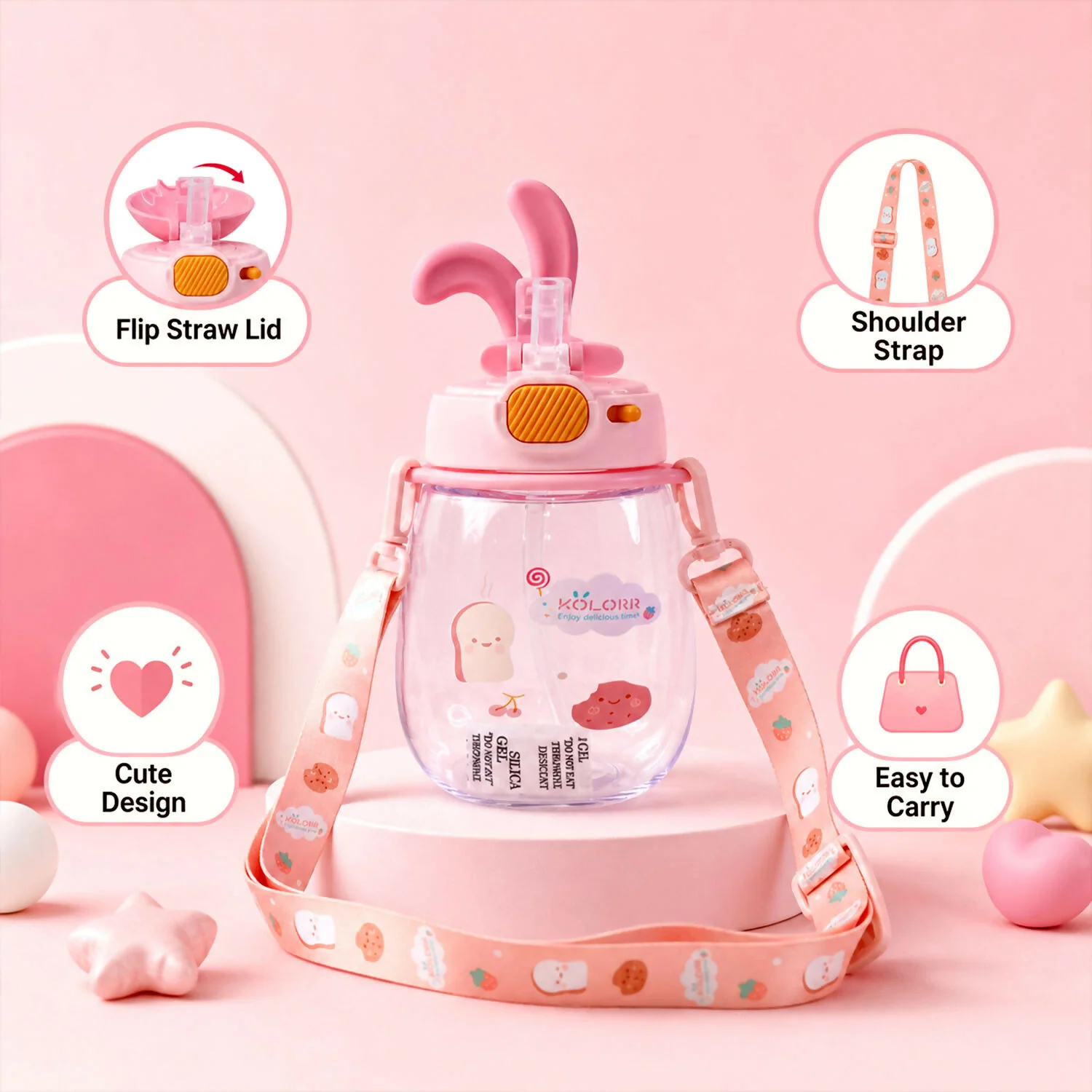KOLORR Kids Bunny Sipper Water Bottle with Straw & Carry Strap (600ML) - Image 5