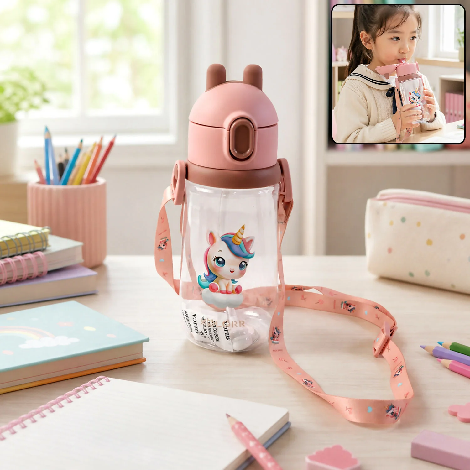 KOLORR Kids Cartoon Sipper Water Bottle with Straw & Carry Strap (610ML) - Image 8
