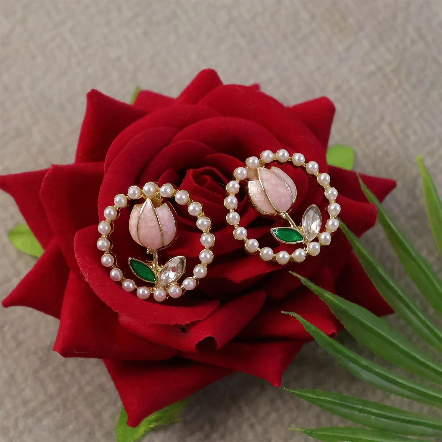 Korean Pearl Floral Stud Earrings – Elegant Rose Design - Image 4